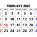 February 2026 calendar showing four Sundays four Mondays and all weekdays evenly distributed