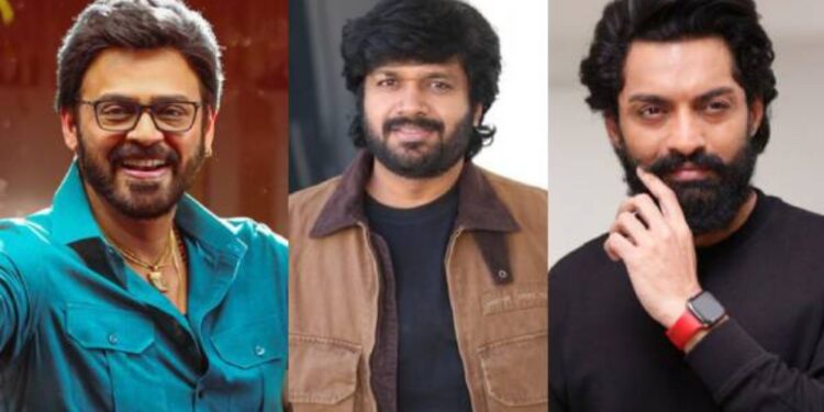 Anil Ravipudi with Victory Venkatesh and Nandamuri Kalyan Ram on set of 2027 movie