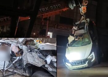 Crushed car after fatal road accident near Medipally flyover