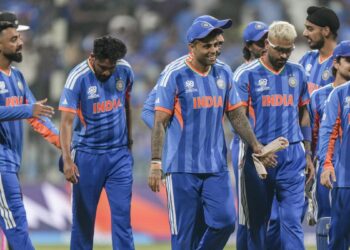 India celebrate victory against USA in T20 World Cup 2026 match