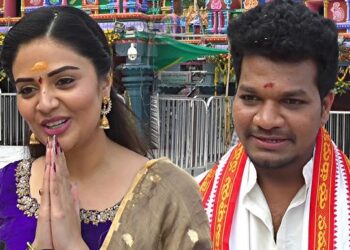 Srimukhi Mukku Avinash RJ Chaitu offering prayers at Tirumala